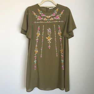 Entro Embroidered Olive Tunic Dress - Size S